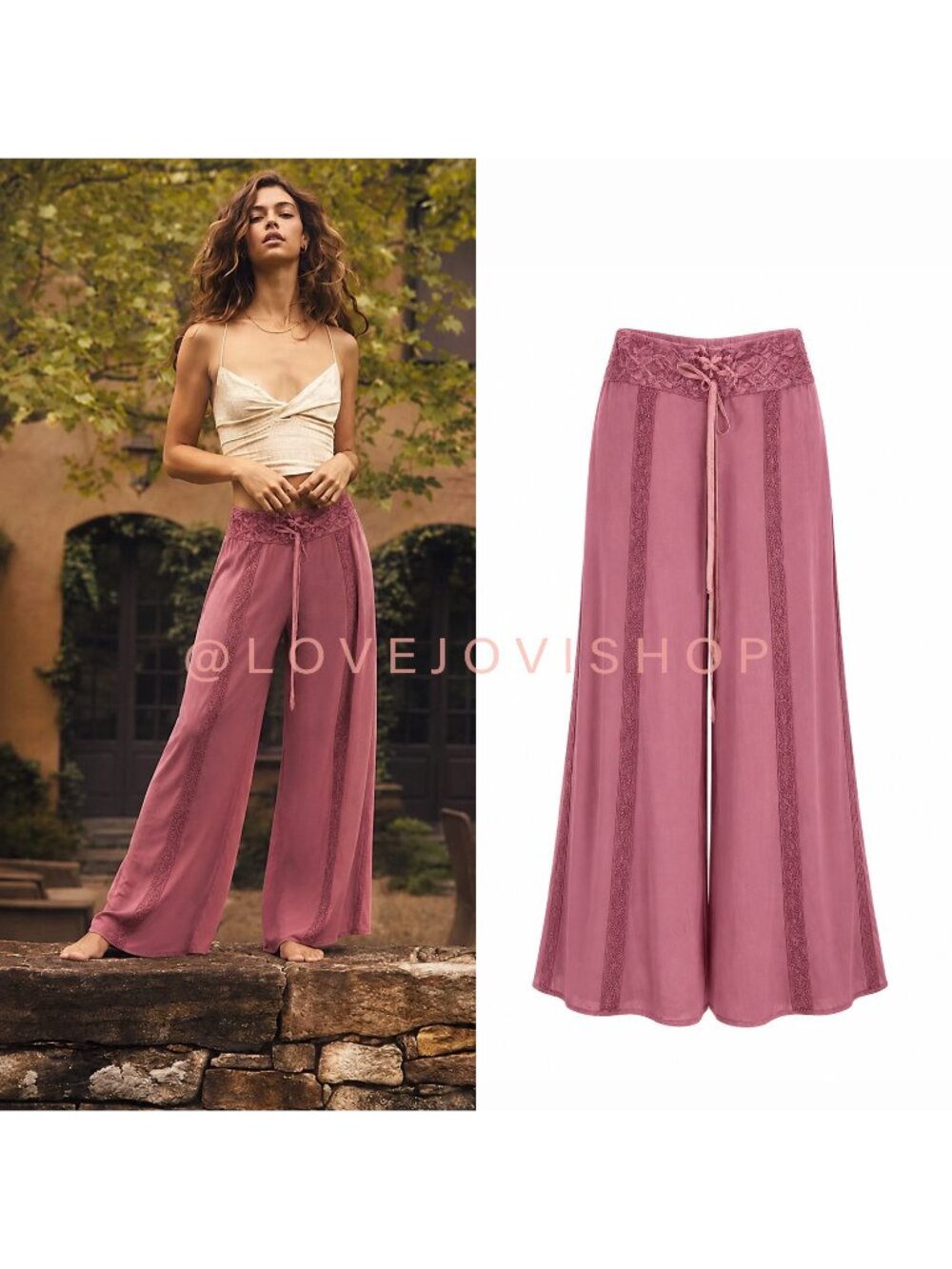 Bohemian | Devi Wide Leg Embroidered Palazzo Pants | Mauve Pink Lace-Trim Corset